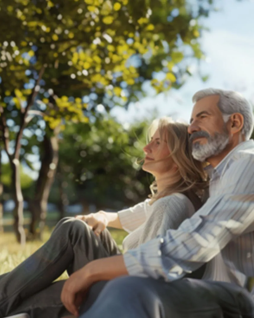 A couple sitting together outdoors on a bright afternoon